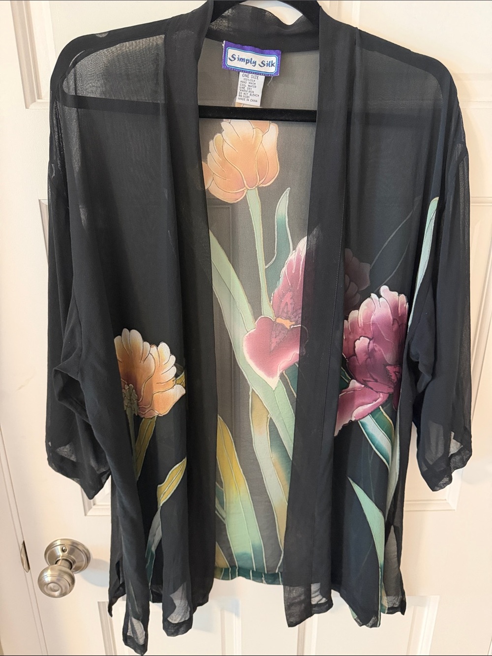 VTG Simply Silk Black Sheer 100% Silk Floral
Iris Kimono Jacket Art to Wear OS